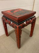 A Chinese red lacquer side table (H49cm Sq36cm)