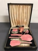 A enamel and silver plated boxed vanity set