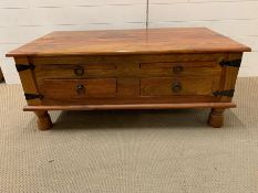 Hardwood coffee table with drawers to centre and handles to sides (H44cm W110cm D60cm)