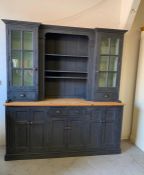 Large painted welsh dresser with glazed doors to sides and various cupboards and drawers (H217cm