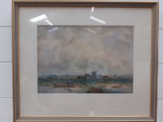 A 20th century English school, "Figure in a boat in a landscape with windmills and a village