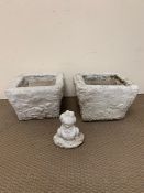 A pair of square garden plant pots with small frog figure