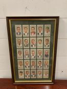A framed collection of cricketers, 1934 John Player and Sons cigarette cards