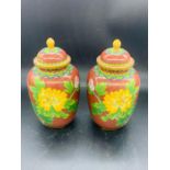 A Pair of Chinese Contemporary Cloisonne vases with lids. (18 cm H )