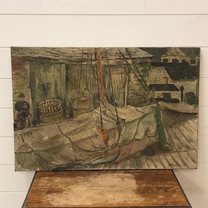 A 20th century English school, Sailor on the dock with a covered sailboat, signed "B. - Image 2 of 5