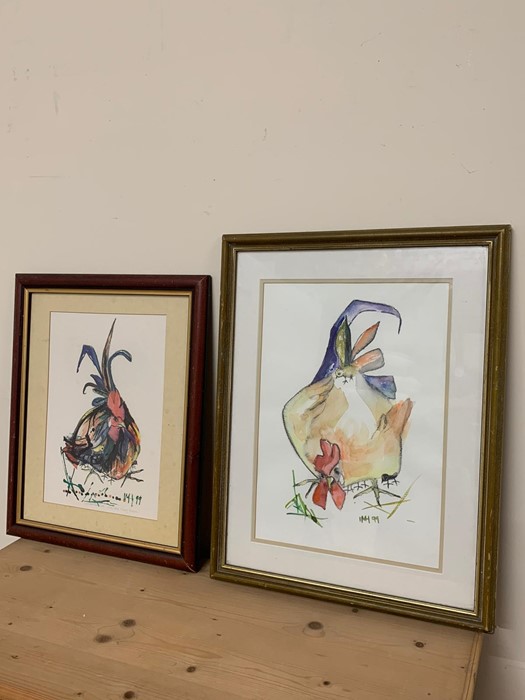 MARG HEWSON A watercolour of a chicken along with a limited edition print of a Cockerill.