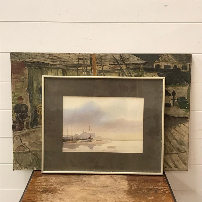 A 20th century English school, Sailor on the dock with a covered sailboat, signed "B.