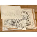 A group of five drawings, illegibly signed, one titled "Bridge over the West Lyn, Lynmouth" (sic),