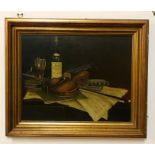 A 20th century English school, Still life with wine and violin, oil on canvas, framed (40.5x51 cm).