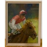 A 20th century English school, a Jockey galloping a horse, illegible signature and dated '86,