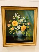 Oil on canvas of still life with flowers signed Ethelwyn Shielm1979 (H77cm W67cm)