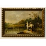 William Frederick Callaway (act.XIX), Landscape with a horseman and a river with figures in a