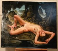 David Gainford (XX-XXI), British, a reclining nude on a Leonardesque landscape, signed lower left,