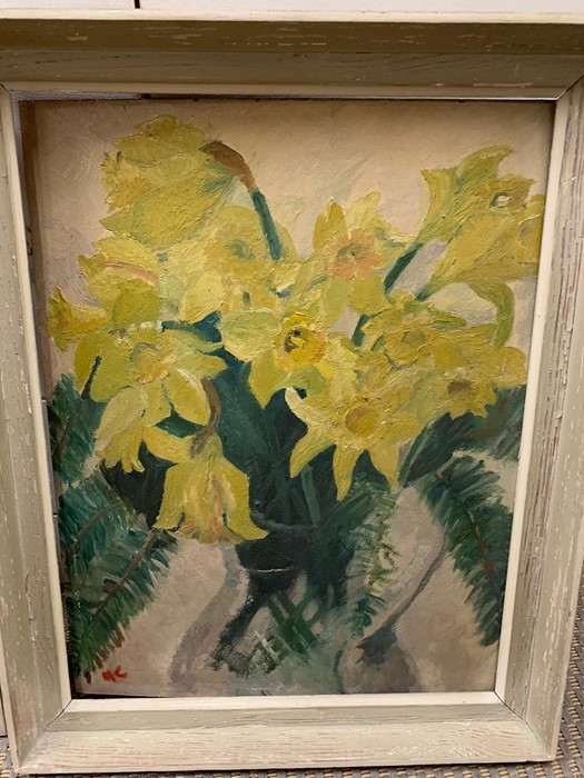 A 20th century English school, A yellow daffodil bouquet, signed with monogram: "M.C.", oil on - Image 2 of 3