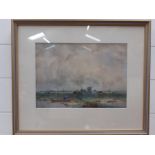 A 20th century English school, "Figure in a boat in a landscape with windmills and a village