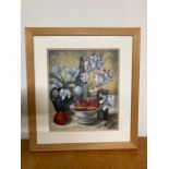 A 20th century English school, Still life with apples and Irises, signed: "Pat Wingrove" lower