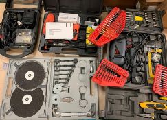 A selection of power tools and accessories including a staple gun