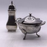 Hallmarked silver pepper pot and mustard.