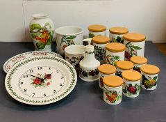 A selection of Pomonia, Portmeririon china, including storage jars, wall clocks, vases etc