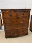 A mahogany chest of drawers, two over three on bracket feet (H120cm W108cm D56cm)