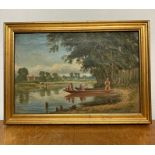 A 19th century English school, Figures in a recreational boat on a pond and cattle beyond, unsigned,