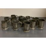 Twelve Half Pint Pewter vessels to include tankards, beakers, cider cup, various makers and marks.