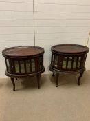 A pair of butler tables with glazed sides and hinged doors both sides (H75cm D47cm W73cm)