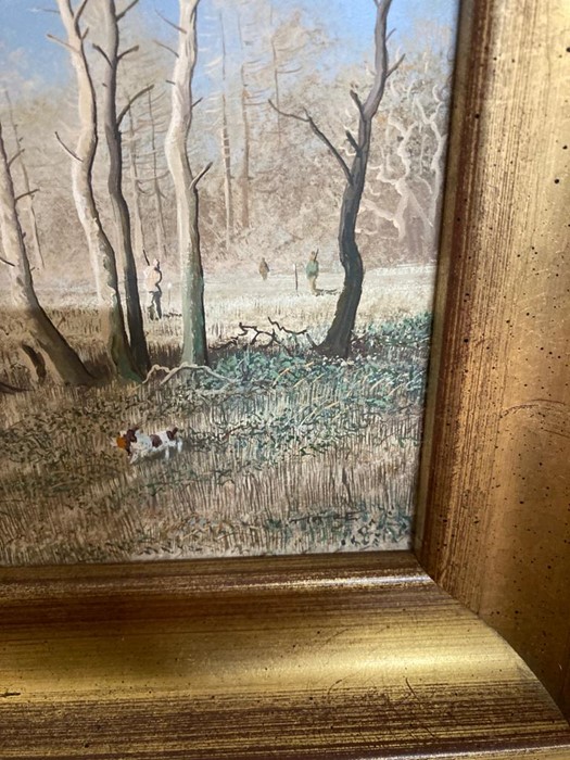 A 20th century English school, Pheasant hunting scene, illegibly signed (Mare?) lower right, tempera - Image 2 of 2