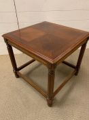 A Reproduction square table on reeded legs and stretchers 56 cm High x 53 cm High.