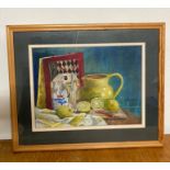 A 20th century English school, Still life with lemonds and diary, unsigned, pastel, framed and