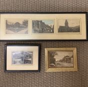 A group of old postcards depicting street views, framed and glazed, (10x14 cm largest). (3)