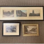 A group of old postcards depicting street views, framed and glazed, (10x14 cm largest). (3)