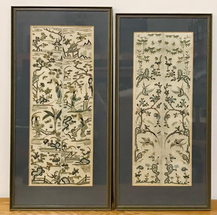 A pair of two early 20th century Chinese silk embroidery panels, depicting courtesans, flora and - Image 5 of 9