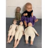 Five vintage dolls, four with china heads and feet and marker marks to back