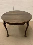 A Mahogany round table on cabriole legs with ball and claw feet by RE Cadogan