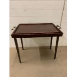 The Osterley table tray, a mahogany folding table with a satinwood banded top (W72cm D47cm H60cm)