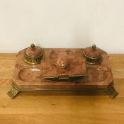 19th century marble and gilt metal desk set with double ink wells