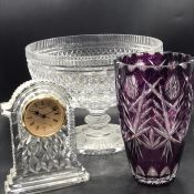 A cut glass bowl and a Waterford crystal clock and a flower vase