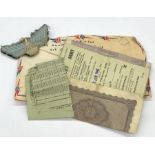 WWII Ephemera to include envelope dates 18th August 1945 including a parachute regiment patch,