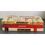 A selection of three vintage board games to include, Monopoly, Wildlife and Demarrage