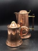 Two Copper Items, a tankard with a Coldstream Guards button to lid, and a copper jug in an Arts