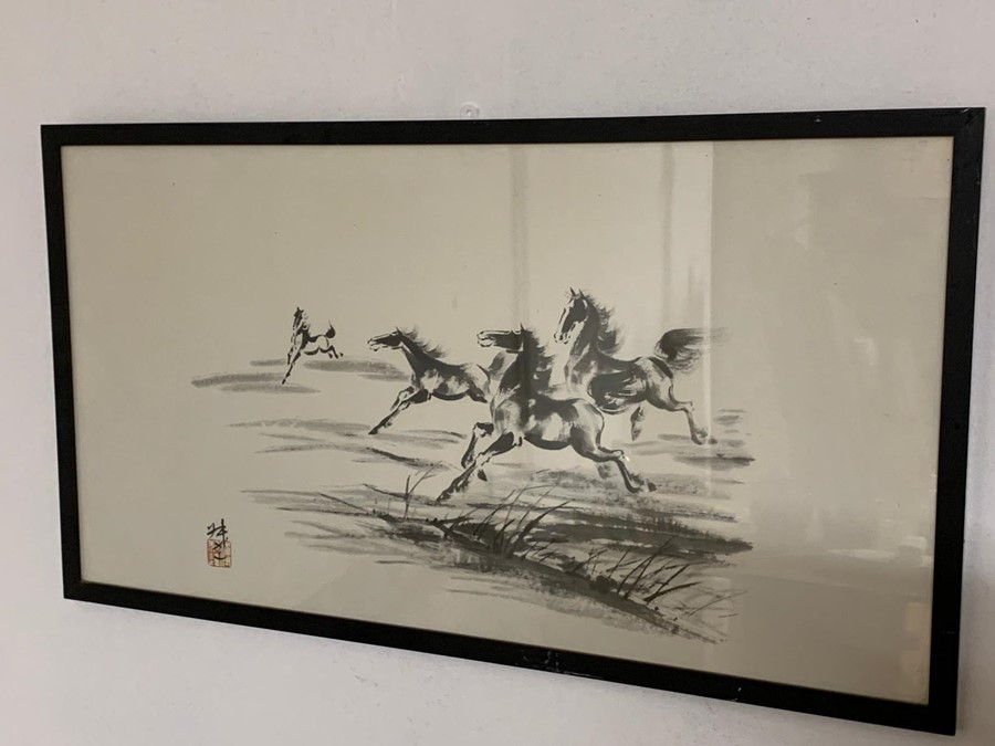 'Galloping horses' in the Xu Beihong style, framed and glazed, (40x75 cm).