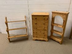 A selection of three pieces of pine furniture, two wall mounted shelving units and one set of