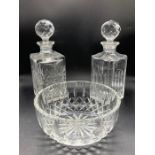 Two decanters and one cut glass bowl