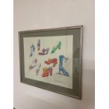A mixed media on wove paper depicting shoes, signed: 'Lydia Edass' (?) and dated 1995, framed and