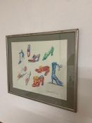 A mixed media on wove paper depicting shoes, signed: 'Lydia Edass' (?) and dated 1995, framed and