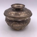 A Hallmarked silver lidded bowl (Total Weight 292g) with floral and foliate design, indistinct