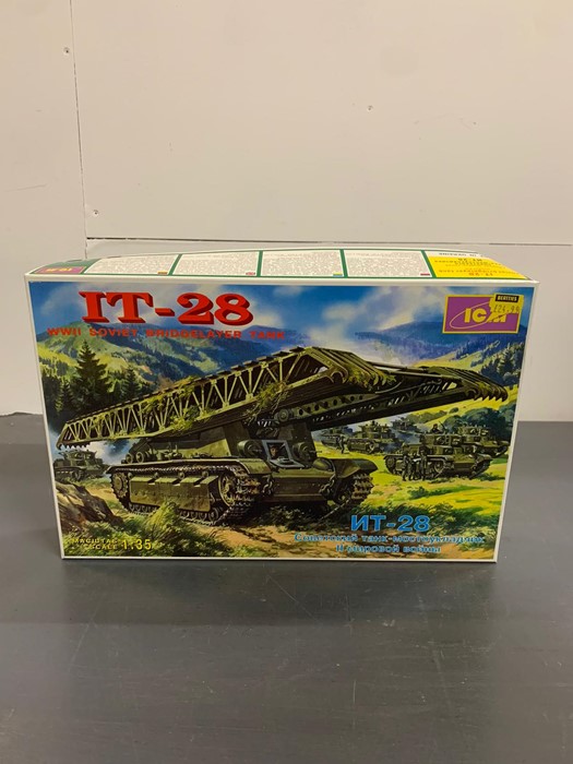 A boxed 1/35 ICM IT-28 Bridge Layer Tank model kit