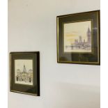 A pair of prints depicting "Westminster bridge" and "House guards", framed and glazed, (22x21 cm