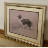 A print depicting a Border Collie and a flock of sheeps, illegibly signed and numbered 389/850,